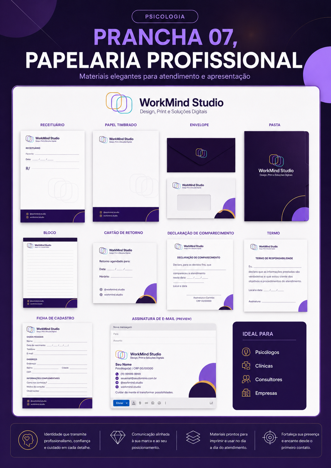Modelos de papelaria profissional WorkMind Studio